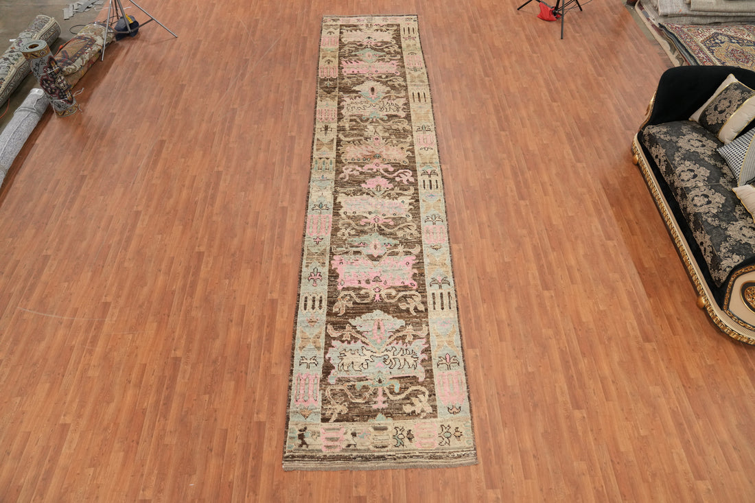 Vegetable Dye Brown Oushak Turkish Runner Rug 4x19