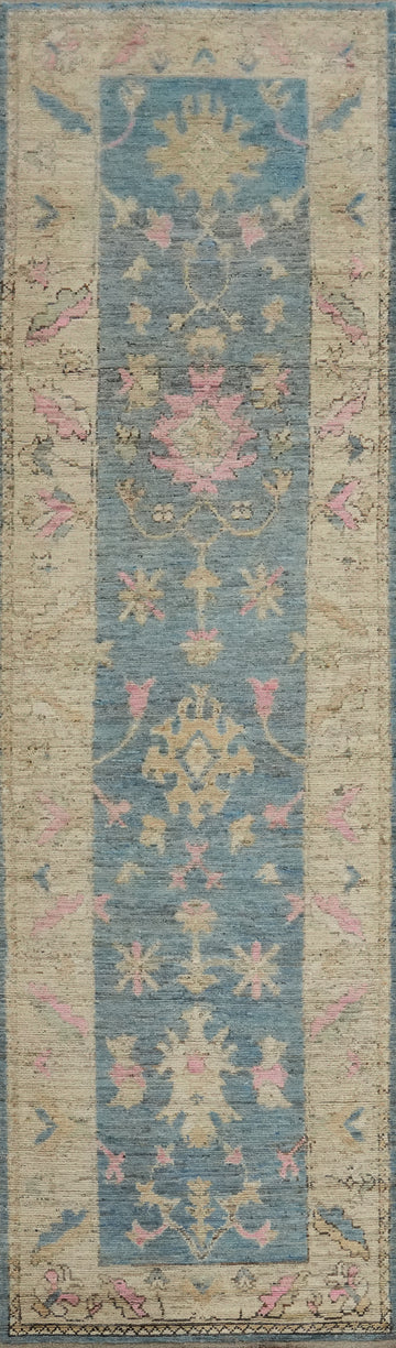Vegetable Dye Blue Oushak Turkish Runner Rug 3x15
