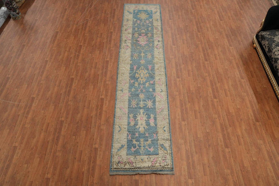 Vegetable Dye Blue Oushak Turkish Runner Rug 3x15