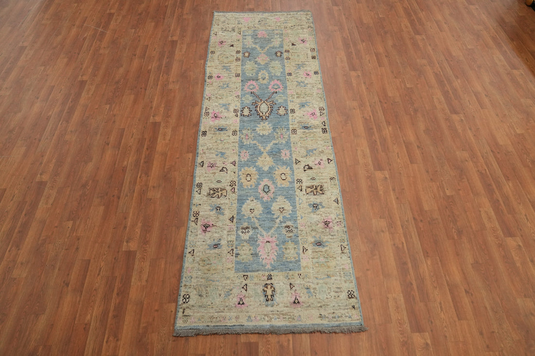 Light Blue Oushak Vegetable Dye Runner Rug 3x9