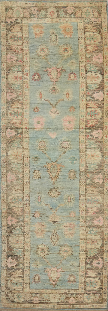 Aqua Blue Oushak Vegetable Dye Runner Rug 4x16