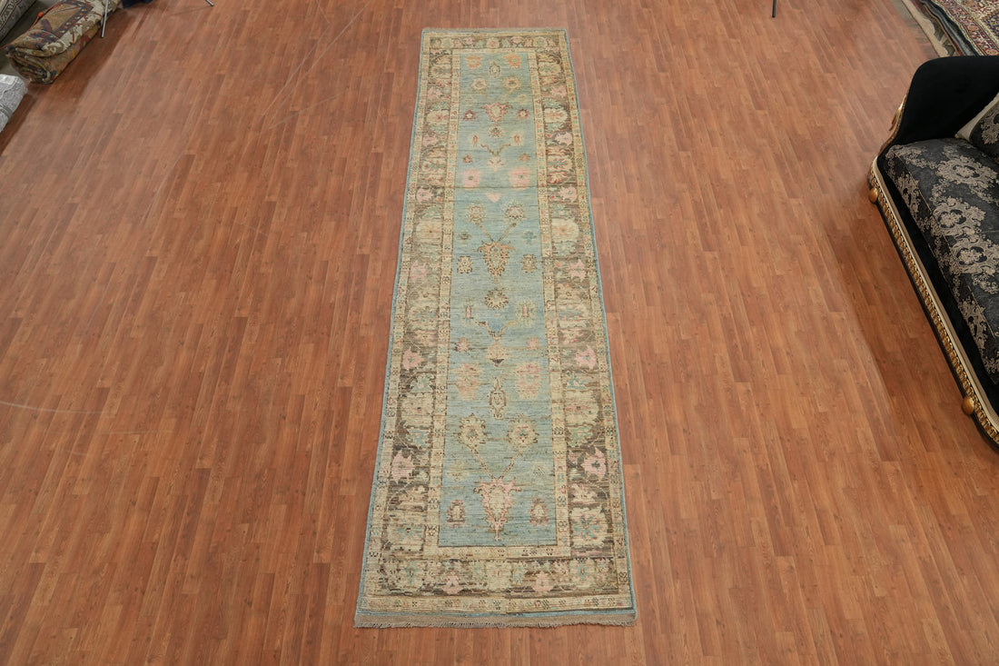 Aqua Blue Oushak Vegetable Dye Runner Rug 4x16