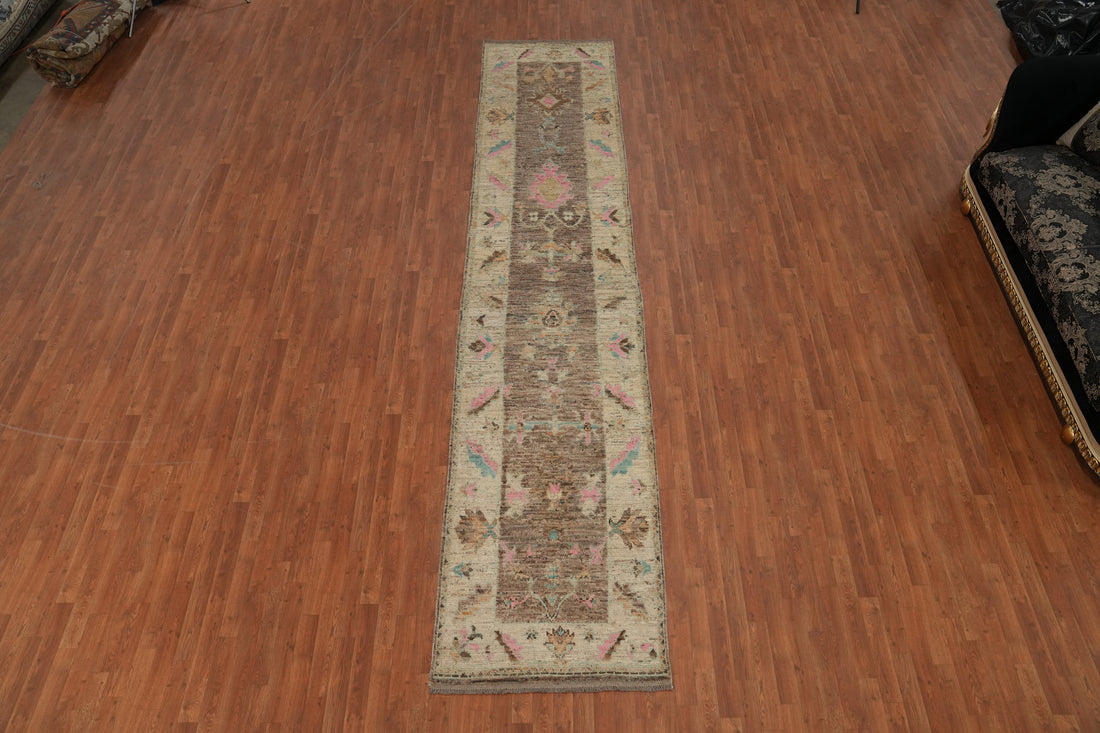 Handmade Brown Oushak Vegetable Dye Runner Rug 3x16