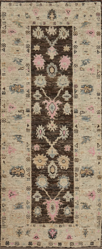 Dark Brown Oushak Vegetable Dye Runner Rug 3x9