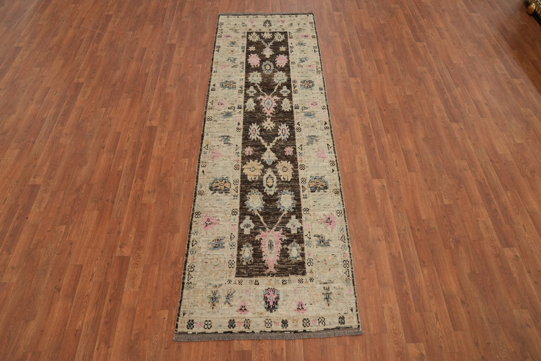 Dark Brown Oushak Vegetable Dye Runner Rug 3x9