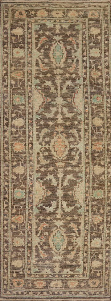 Vegetable Dye Brown Oushak Turkish Runner Rug 3x10