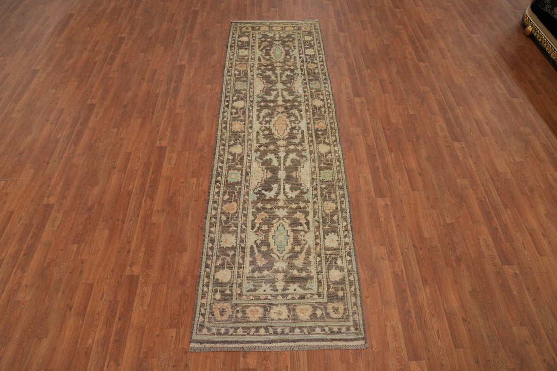 Vegetable Dye Brown Oushak Turkish Runner Rug 3x10