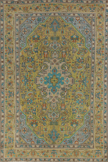 Vintage Green Tabriz Persian Area Rug 7x10