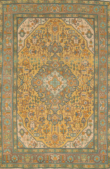 Vintage Yellow Wool Tabriz Persian Area Rug 6x9