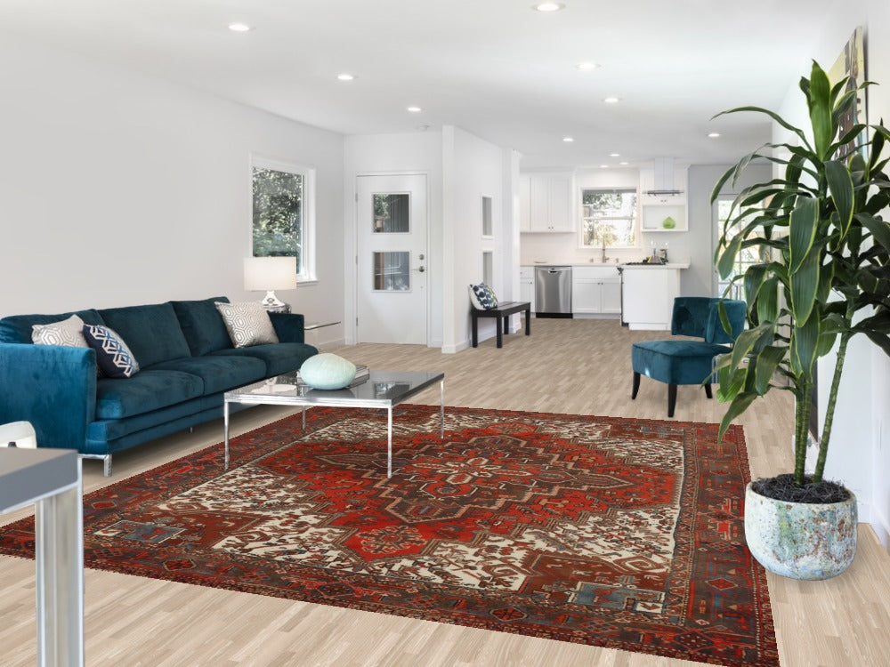 Vintage Geometric Heriz Persian Area Rug 8x9