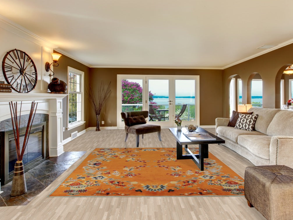 Floral Wool Orange Heriz Serapi Indian Area Rug 8x10