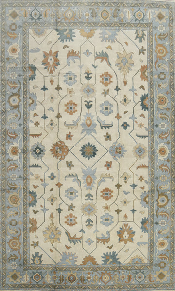 All-Over Wool Ivory Oushak Indian Large Rug 14x24