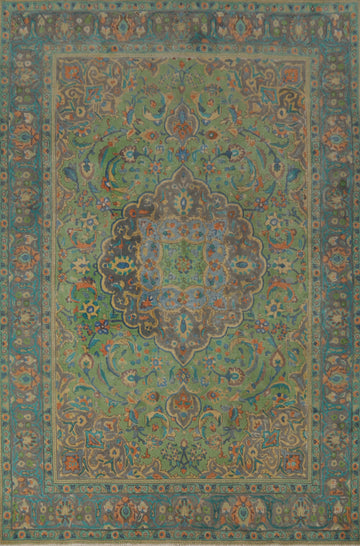 Distressed Green Wool Tabriz Persian Area Rug 8x11