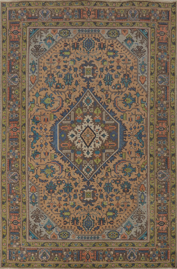 Vintage Geometric Wool Tabriz Persian Area Rug 7x9