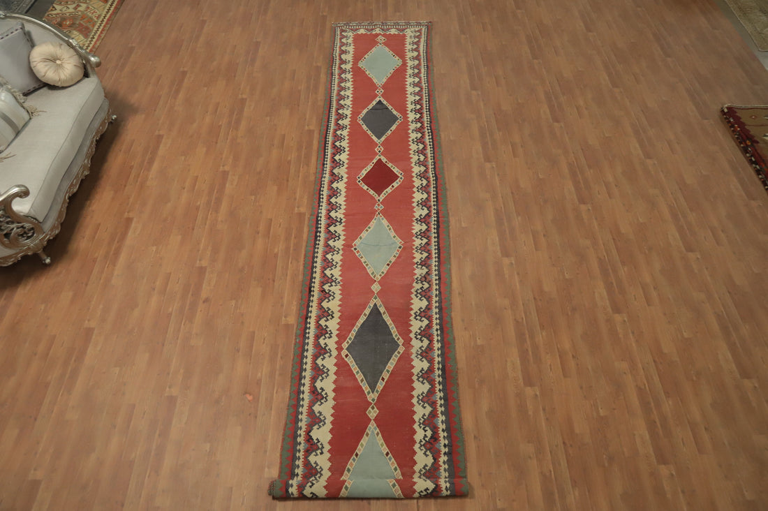 Antique Vegetable Dye Kilim Qashqai Persian Runner Rug 3x19