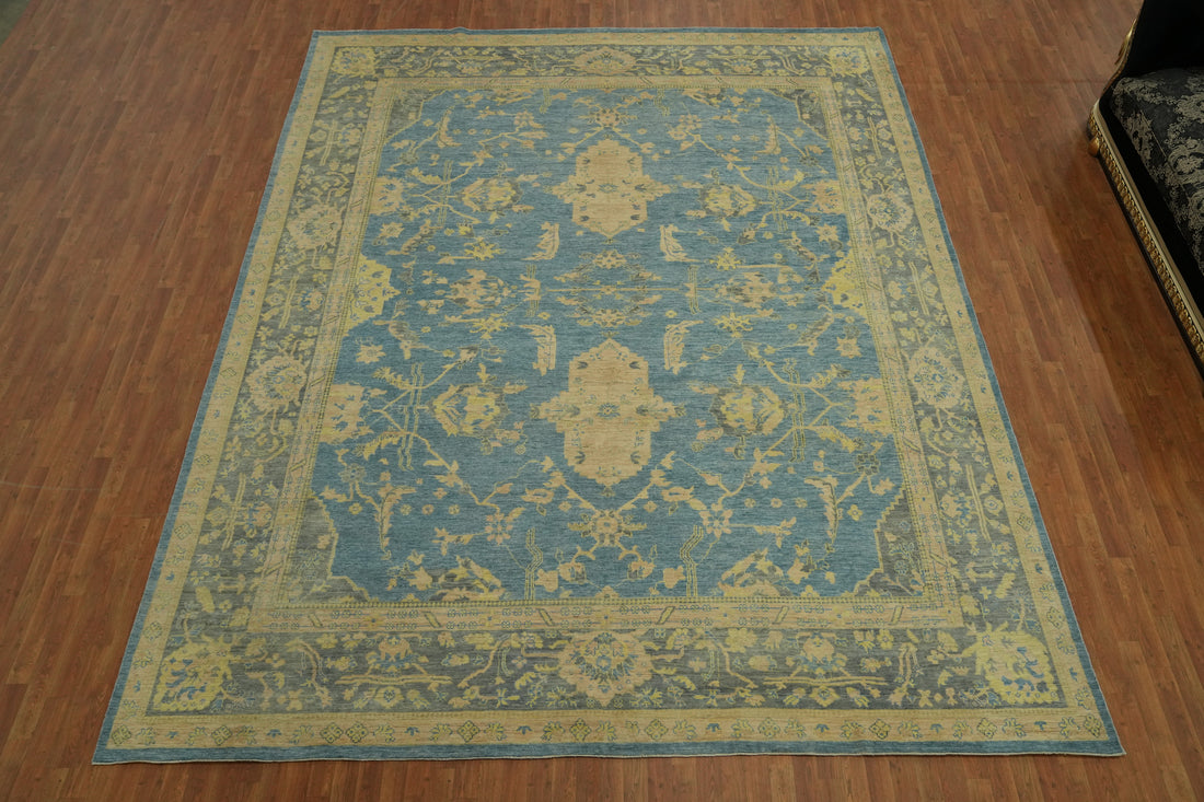 Handmade Blue Oushak Vegetable Dye Large Rug 12x15