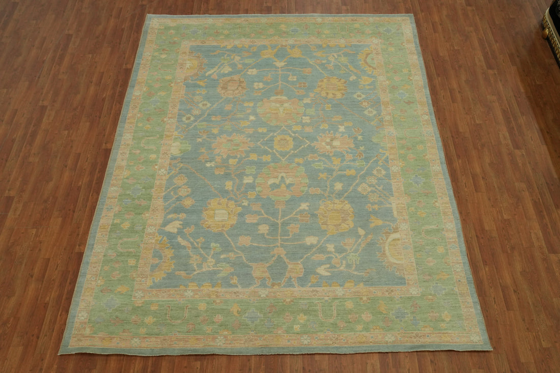 Vegetable Dye Blue Floral Oushak Turkish Area Rug 9x12