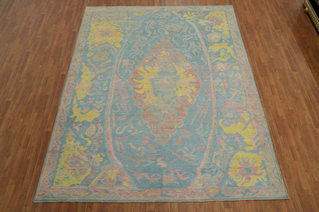 Handmade Blue Floral Oushak Vegetable Dye Area Rug 9x12