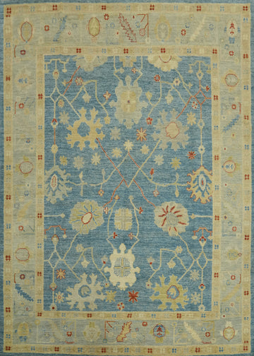 Vegetable Dye Blue Floral Oushak Turkish Area Rug 8x10