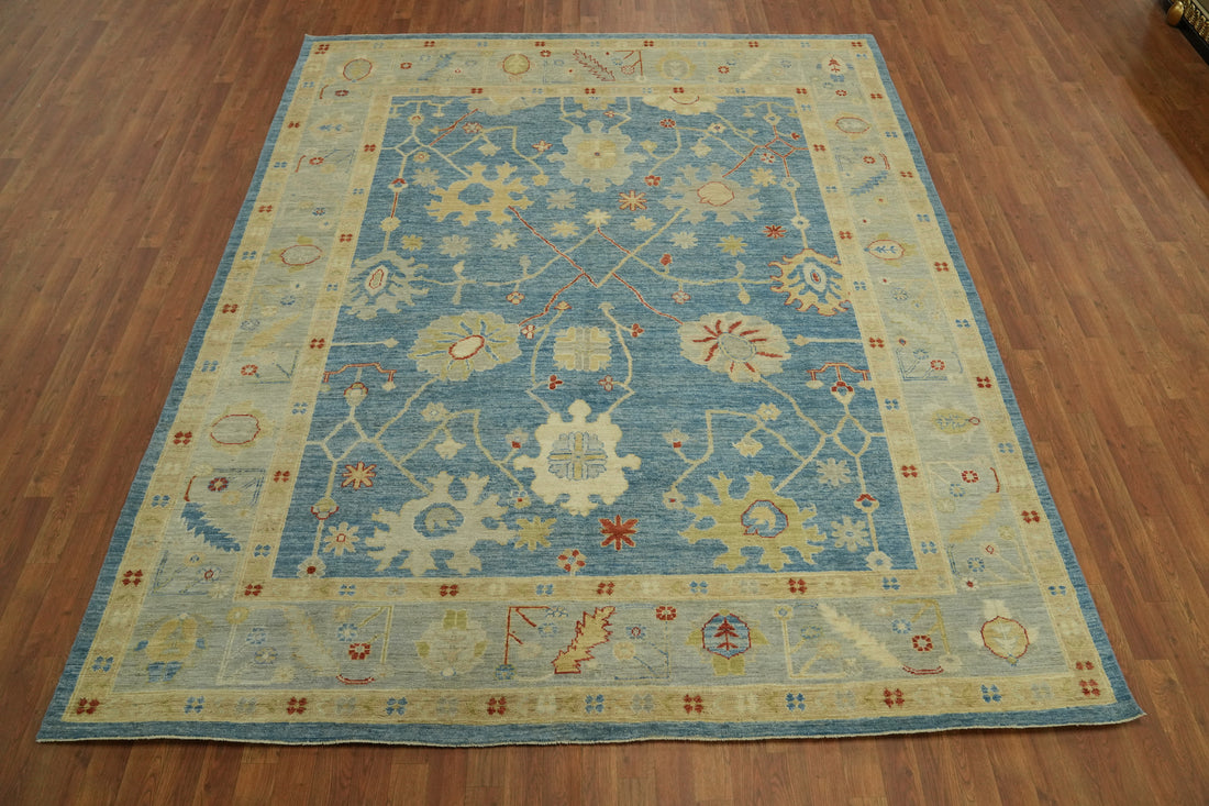 Vegetable Dye Blue Floral Oushak Turkish Area Rug 8x10