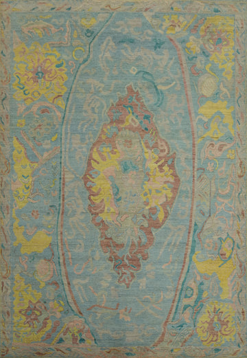 Handmade Blue Oushak Vegetable Dye Large Rug 10x14