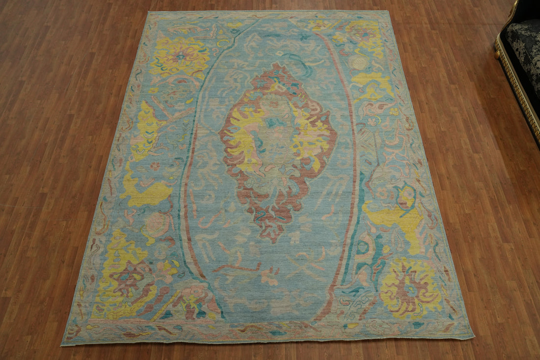 Handmade Blue Oushak Vegetable Dye Large Rug 10x14