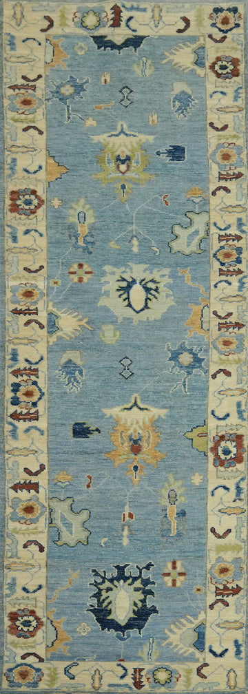 Light Blue Oushak Vegetable Dye Runner Rug 3x10