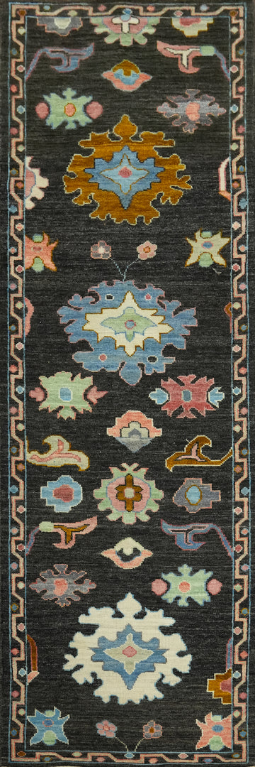 Black Floral Oushak Vegetable Dye Runner Rug 3x10