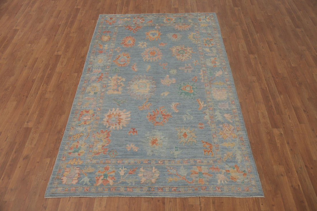 Vegetable Dye Blue Floral Oushak Turkish Area Rug 5x8