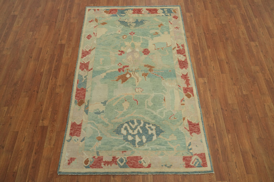 Handmade Green Wool Oushak Vegetable Dye Rug 4x7