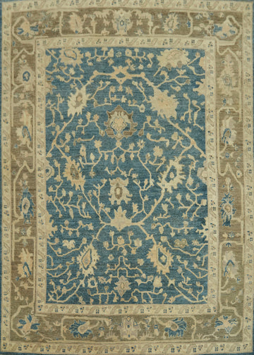 Vegetable Dye Blue Floral Oushak Turkish Area Rug 8x10