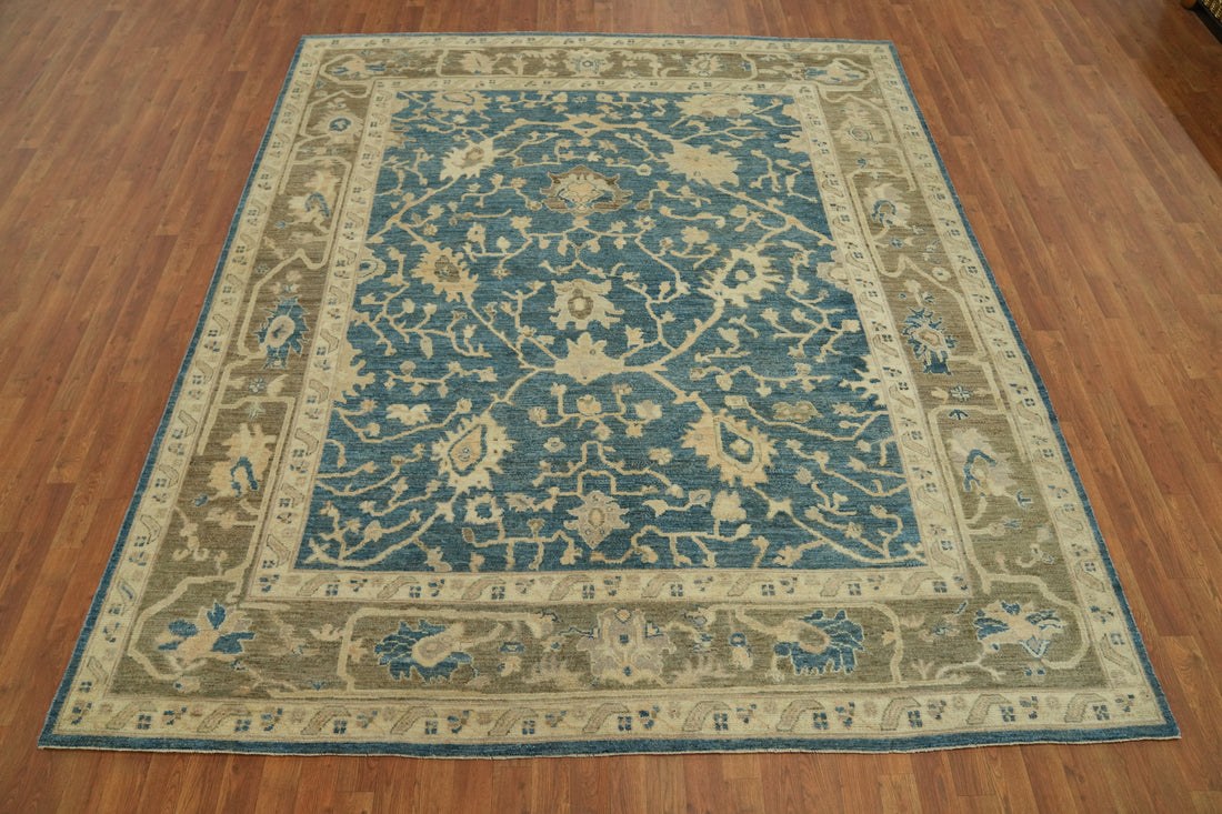 Vegetable Dye Blue Floral Oushak Turkish Area Rug 8x10