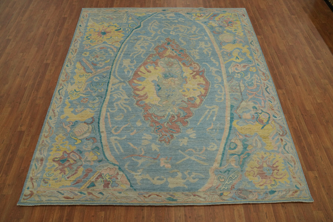 Floral Blue Oushak Vegetable Dye Area Rug 8x10