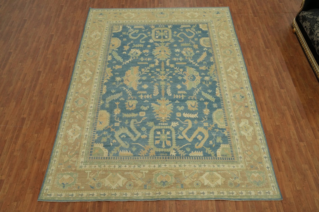Vegetable Dye Blue Oushak Turkish Large Rug 10x14