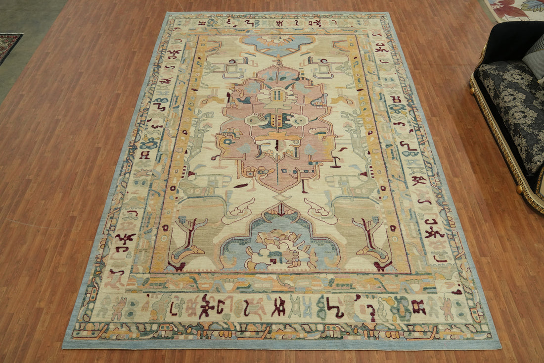 Geometric Wool Oushak Vegetable Dye Large Rug 12x18