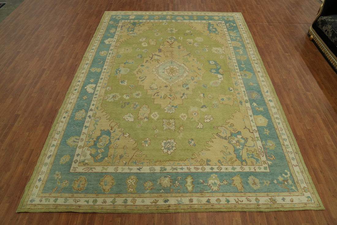 Vegetable Dye Green Oushak Turkish Large Rug 10x14