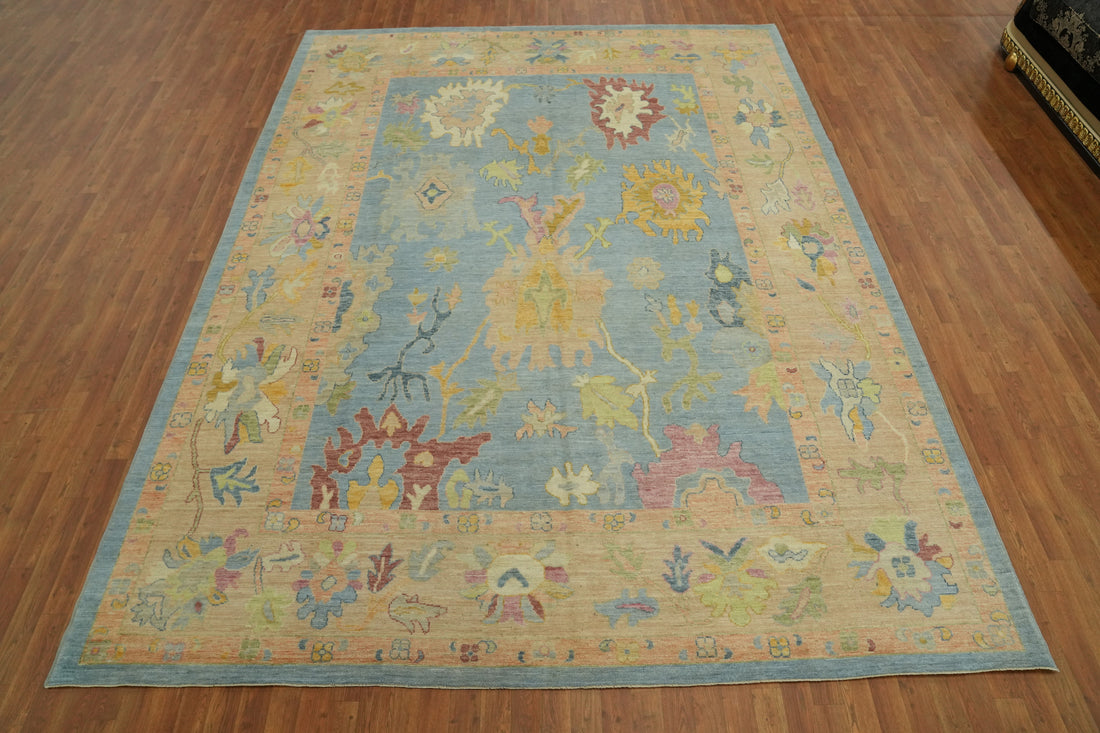 Floral Blue Wool Oushak Vegetable Dye Area Rug 9x12