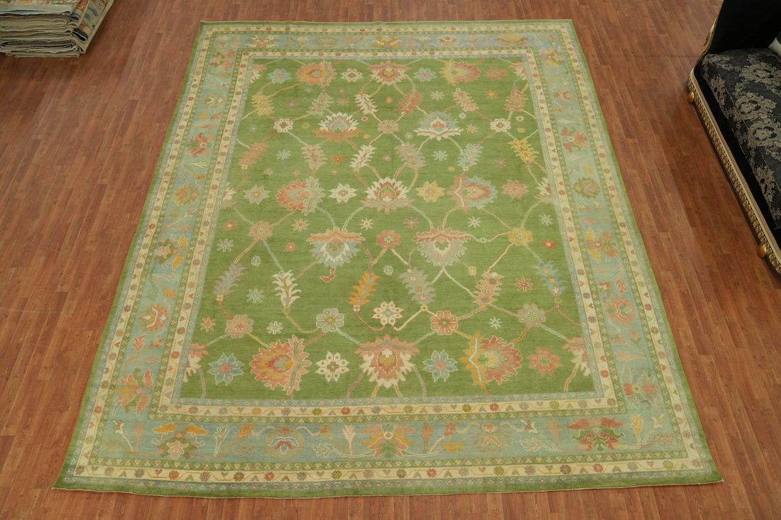 Floral Green Oushak Vegetable Dye Large Rug 12x15