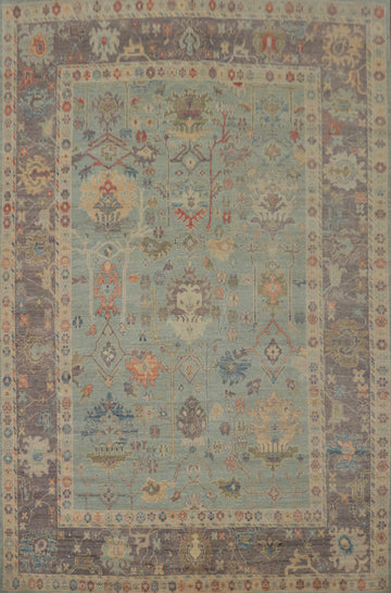 Light Blue Floral Oushak Vegetable Dye Area Rug 9x12
