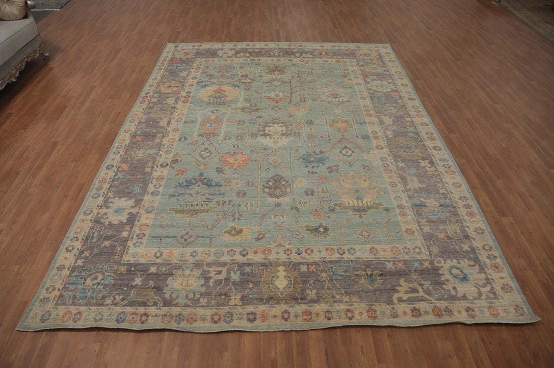 Light Blue Floral Oushak Vegetable Dye Area Rug 9x12