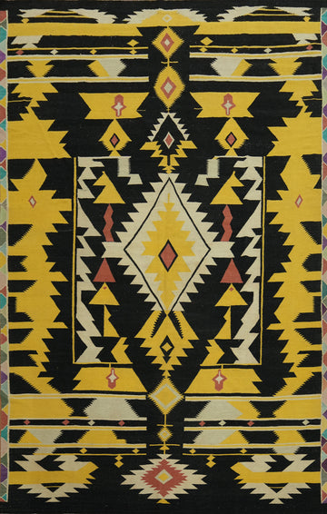 Black & Yellow Kilim Vegetable Dye Large Rug 11x15