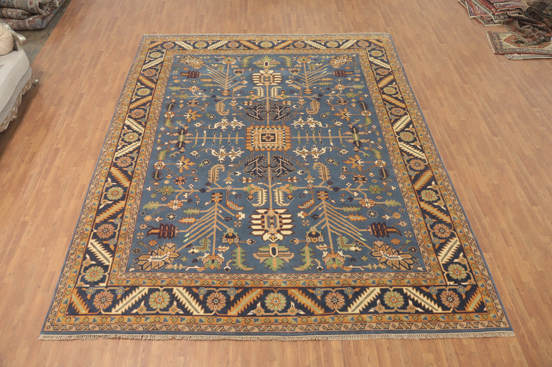 Geometric Blue Oushak Wool Large Rug 12x15