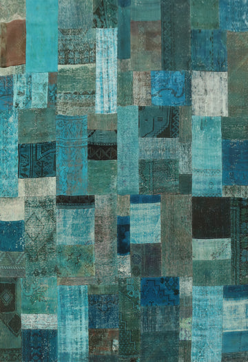 Turquoise Wool Patchwork Distressed Area Rug 8x10