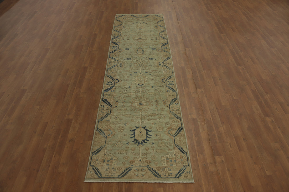 Handmade Green Oushak Vegetable Dye Runner Rug 3x12