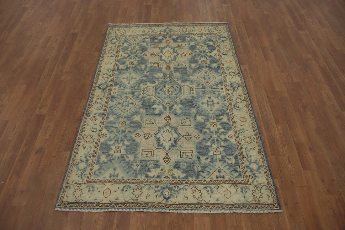 Vegetable Dye Oushak Blue Geometric Rug 4x6