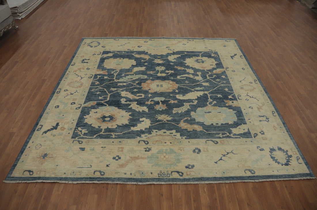 Vegetable Dye Blue Oushak Room Size Square Area Rug 10x10