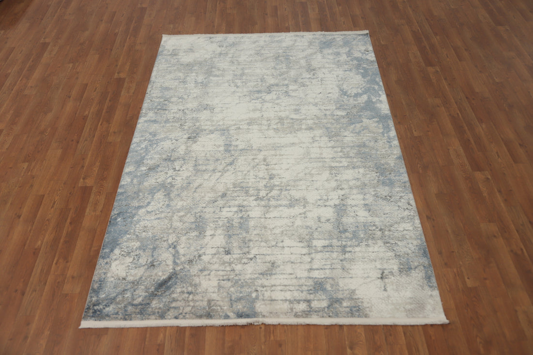Elegant Modern Ivory & Blue Distressed Look Rug 5x7