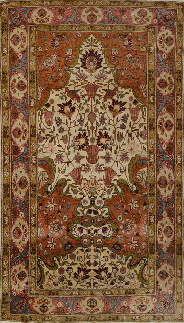 Animals Pictorial Silk Hereke Vegetable Dye Rug 3x5