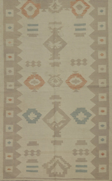 Southwestern Elegance Geometric Beige Kilim Rug 5x8
