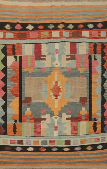 Colorful Kilim Flat Weave Wool Area Rug 5x8